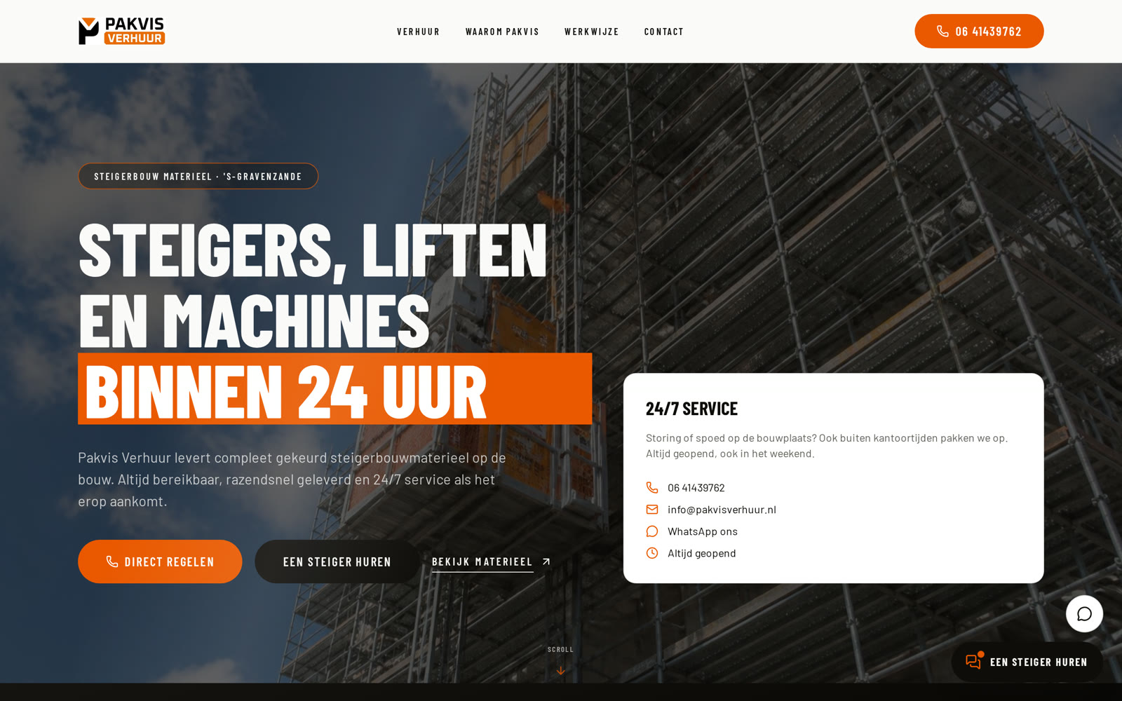 Homepage van de website van Pakvis Verhuur met steigers, liften en machines