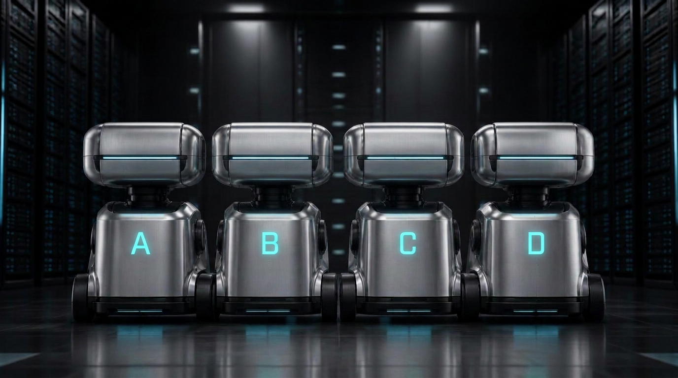 Drie chrome robot-units van CodeArmy in een serverhal